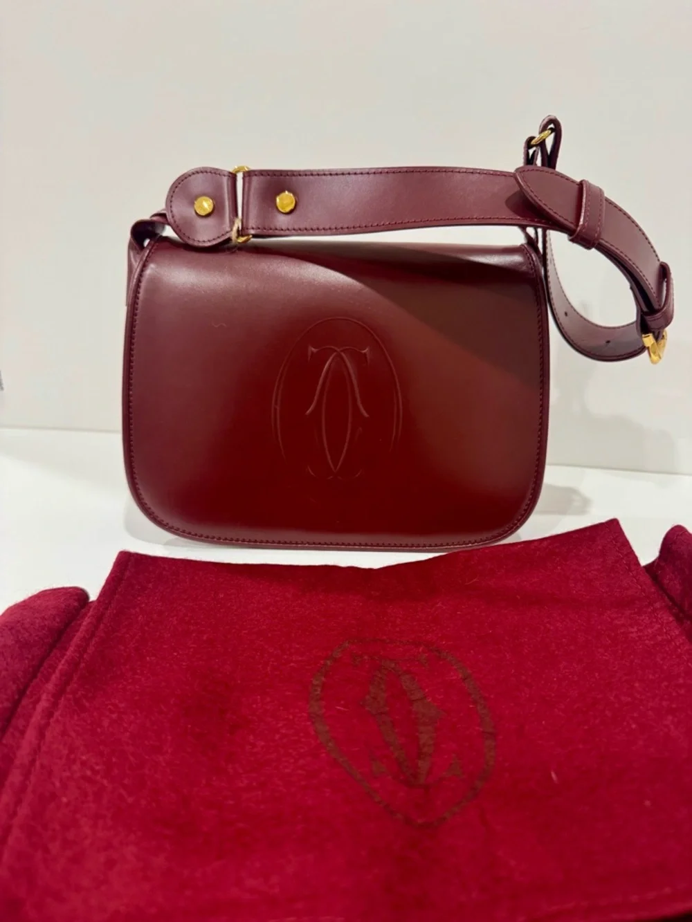 Cartier Burgundy Leather Shoulder Bag with Gold Hardware - Picture 1 of 9